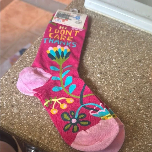 Blue Q Pink Crew Socks with Colorful Text and Floral Design - Picture 2 of 6